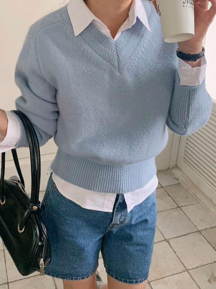 DAZY Damen V-Ausschnitt Oversized Langarm Pullover einfarbig, Freizeittragen | SHEIN