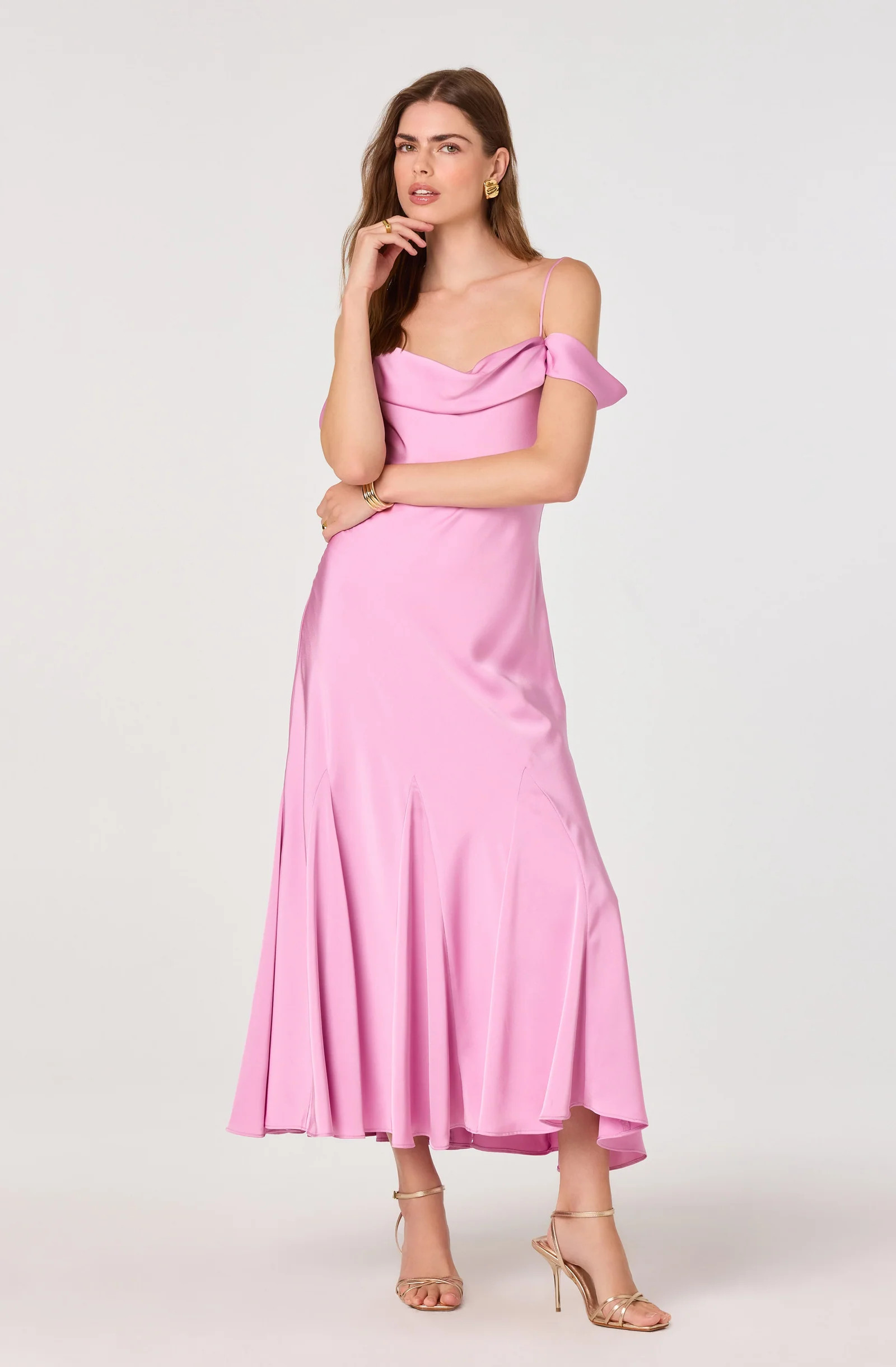 Araxie Satin Off-Shoulder Godet Midi Dress | ASTR The Label (US)