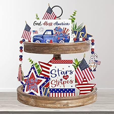 4th of July Decorations for Summer Tiered Tray, 6 Pcs Patriotic Wooden Signs with Plush Gnome & Bead | Amazon (US)