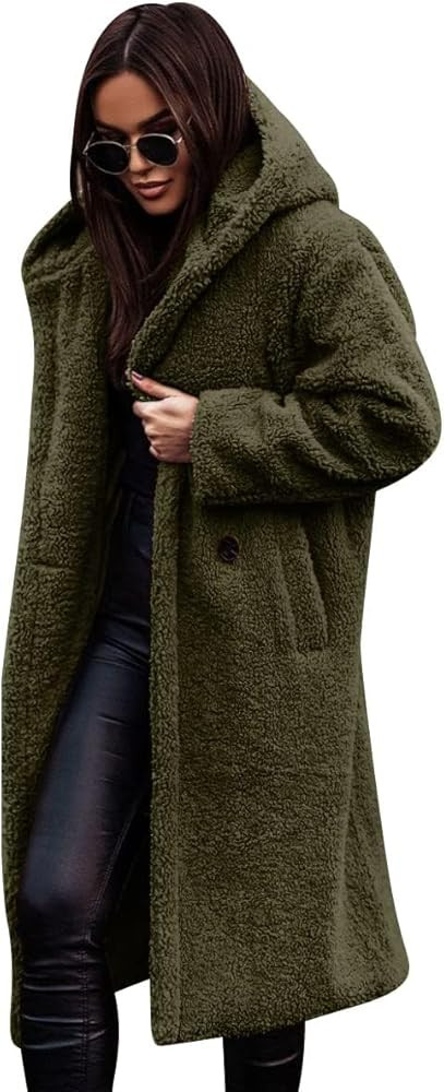 Women's Long Winter Coat Oversized Fuzzy Fleece Jacket Hooded Button Down Faux Fur Warm Outerwear... | Amazon (US)
