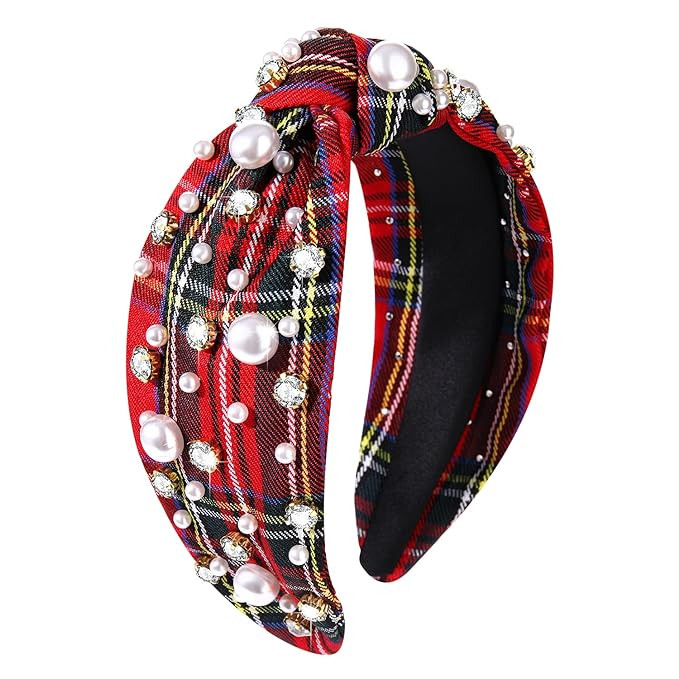 Christmas Headband for Women White Pearl Rhinestone Crystal Jeweled Embellished Hairband Wide Top... | Amazon (US)