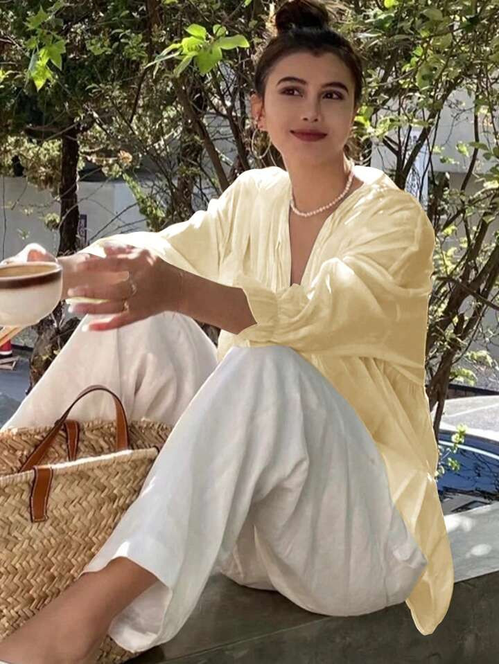 Livesso New Summer Loose Casual Beach Resort Style Bowknot Strap Women Shirt | SHEIN