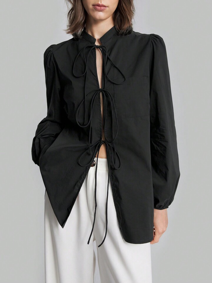 Ontre Women's Spring/Summer Solid Color Bubble Long Sleeve Loose Shirt With Front Tie | SHEIN