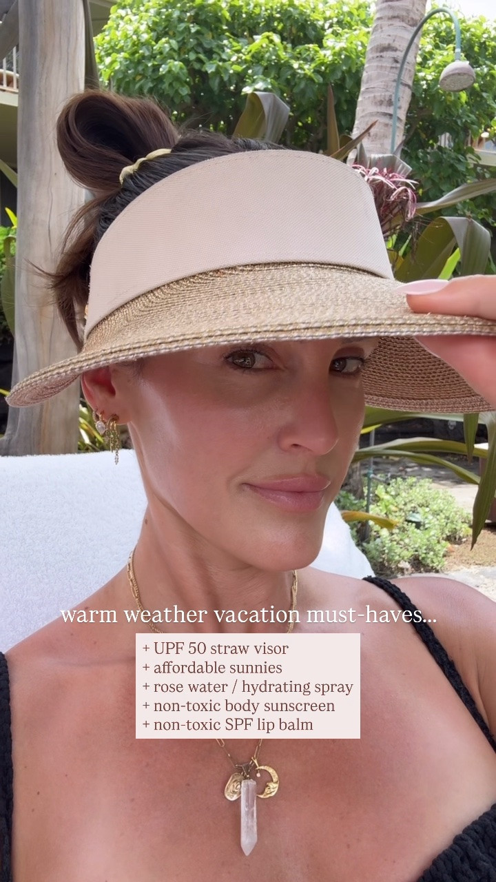 5 Warm weather vacation must-haves☀️

+ UPF 50 straw visor 
+ affordable sunnies
+ rose water / hydrating spray
+ non-toxic body sunscreen
+ non-toxic SPF lip balm

#LTKBeauty #LTKTravel #LTKOver40