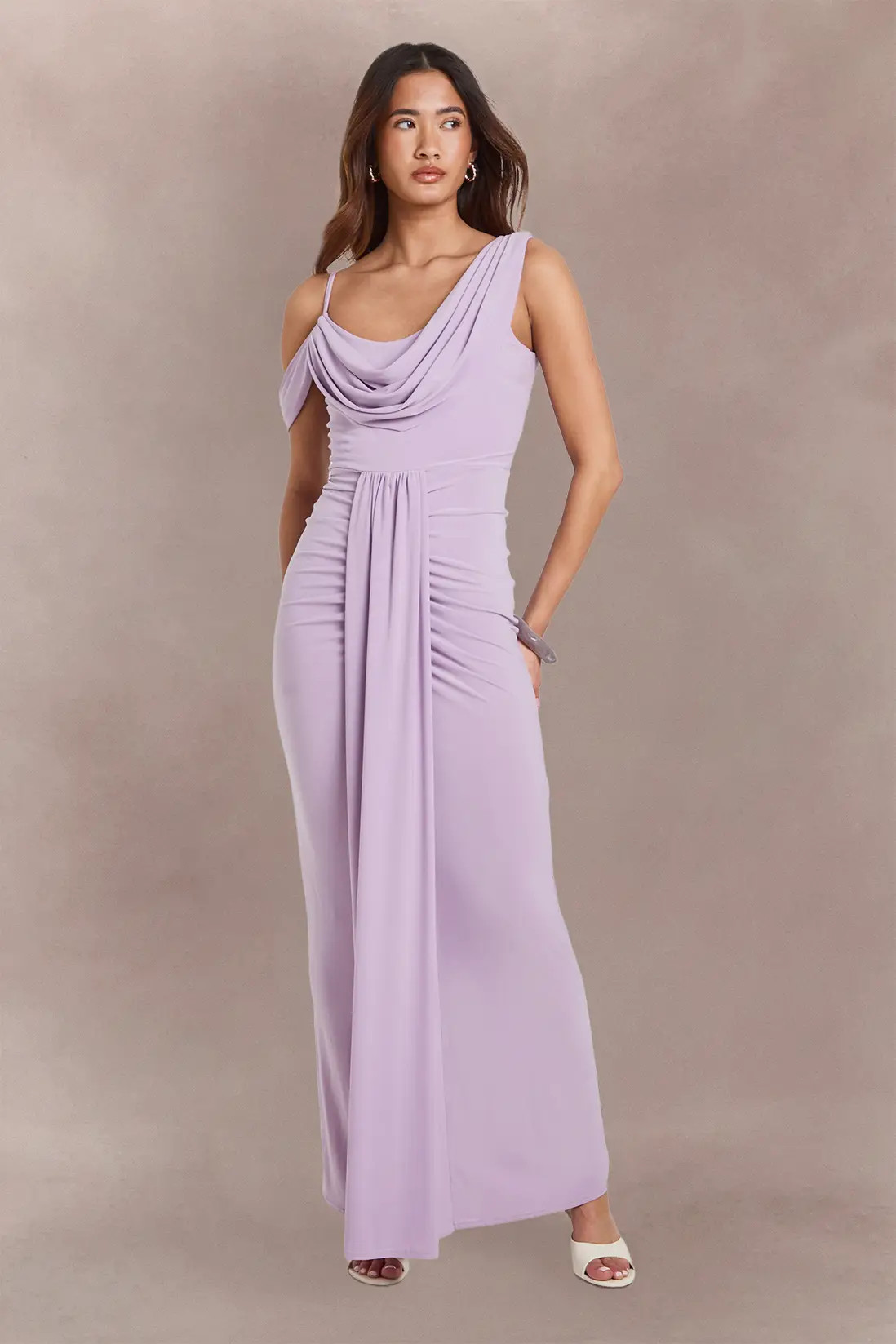 Lilac Double Layer Slinky Drape Front Cold Shoulder Maxi Dress | Boohoo | Boohoo.com (UK & IE)