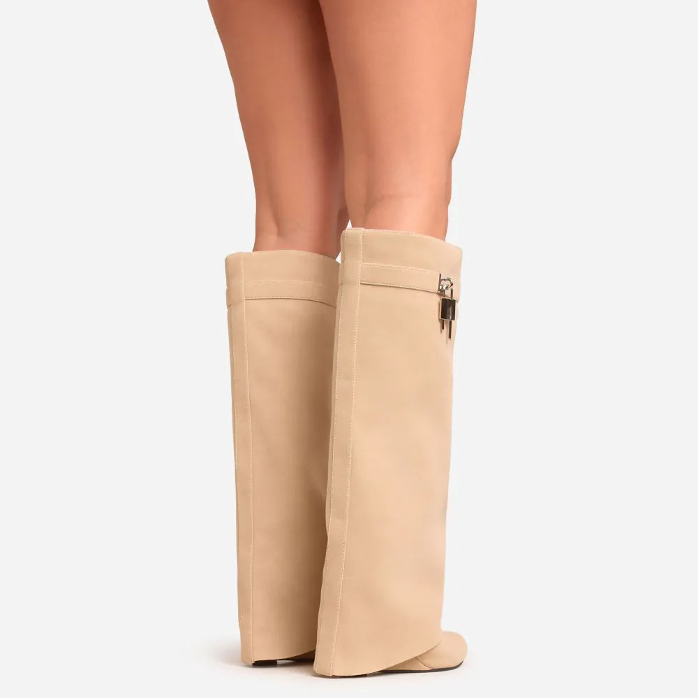 I-Am-The-One Padlock Detail Wedge Heel Knee High Long Boot In Beige Faux Suede | EGO (UK)