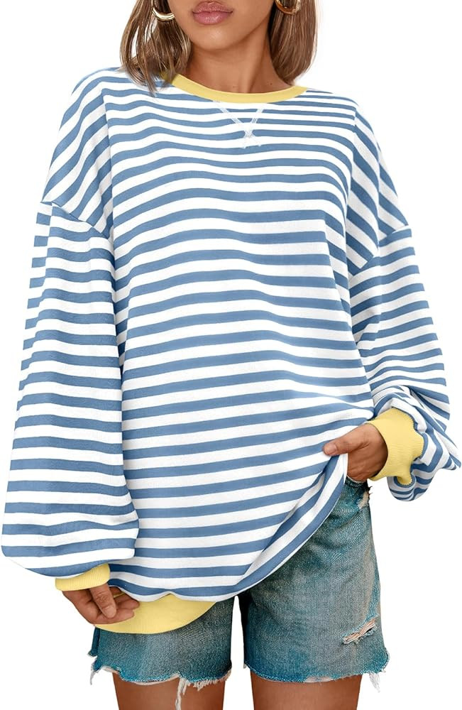 Kissfix Women's Striped Oversized Sweatshirt Long Sleeve Shirts for Women Crewneck Hoodies Casual... | Amazon (US)