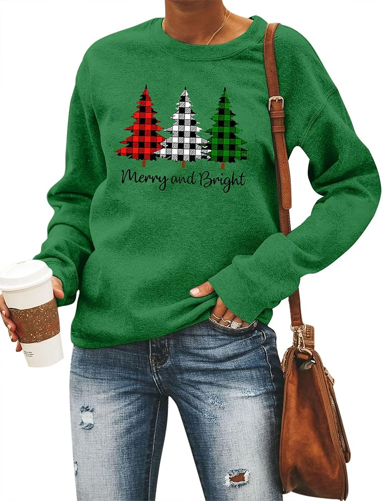 Merry and Bright Shirt Women Funny Leopard Printed Plaid Christmas Trees Long Sleeve Sweatshirts Xmas Graphic Tees | Amazon (US)