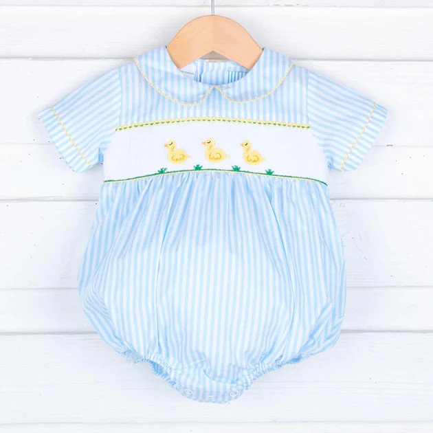 Baby Chick Smocked Boy Bubble Turquoise Stripe | Classic Whimsy