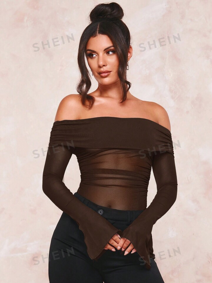 SHEIN BAE Off Shoulder Ruched Mesh Top | SHEIN