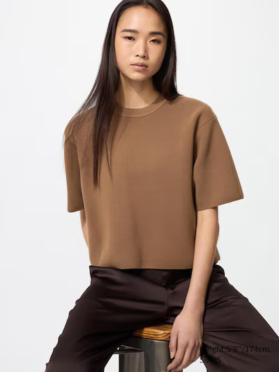 Washable Milano Ribbed Jumper (Short Sleeve)Colour: 35 BROWNSize: Women SXXSXSSMLXLXXLFind my siz... | UNIQLO (UK)