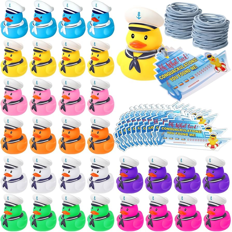 60 Pcs Duck Tag Cruise Kit Includes 20 Pcs Mini Cruising Rubber Ducks 20 Sheets Cruise Tag Card 20 Pcs Elastic Rubber Bands for Cruising Hiding Ducking Carnival Game Rewards (Colorful) | Amazon (US)