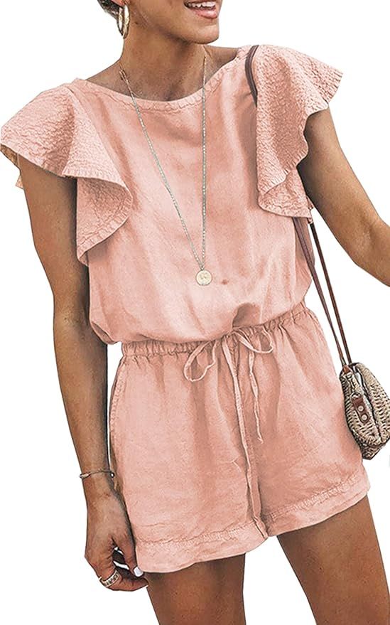 Angashion Women's Loose Casual Butterfly Sleeve Short Jumpsuits Ruffles Hollow Back Romper with Belt | Amazon (US)