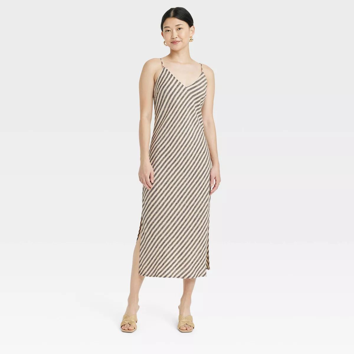 Women's Linen Slip Dress - A New Day™ Tan/Black Striped XS | Target