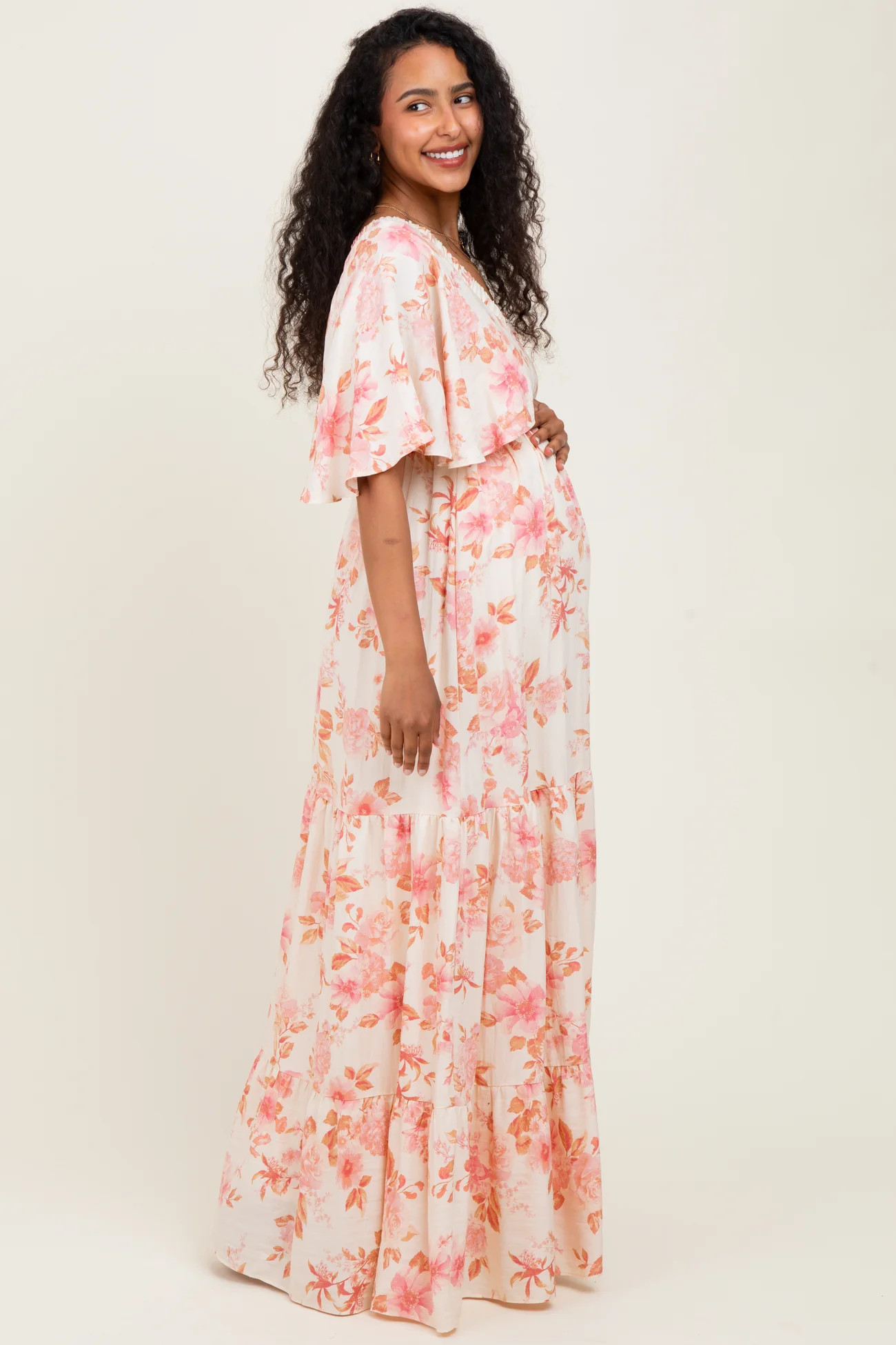 Pink Floral Satin Short Sleeve Deep V-Neck Tiered Maternity Maxi Dress | PinkBlush Maternity