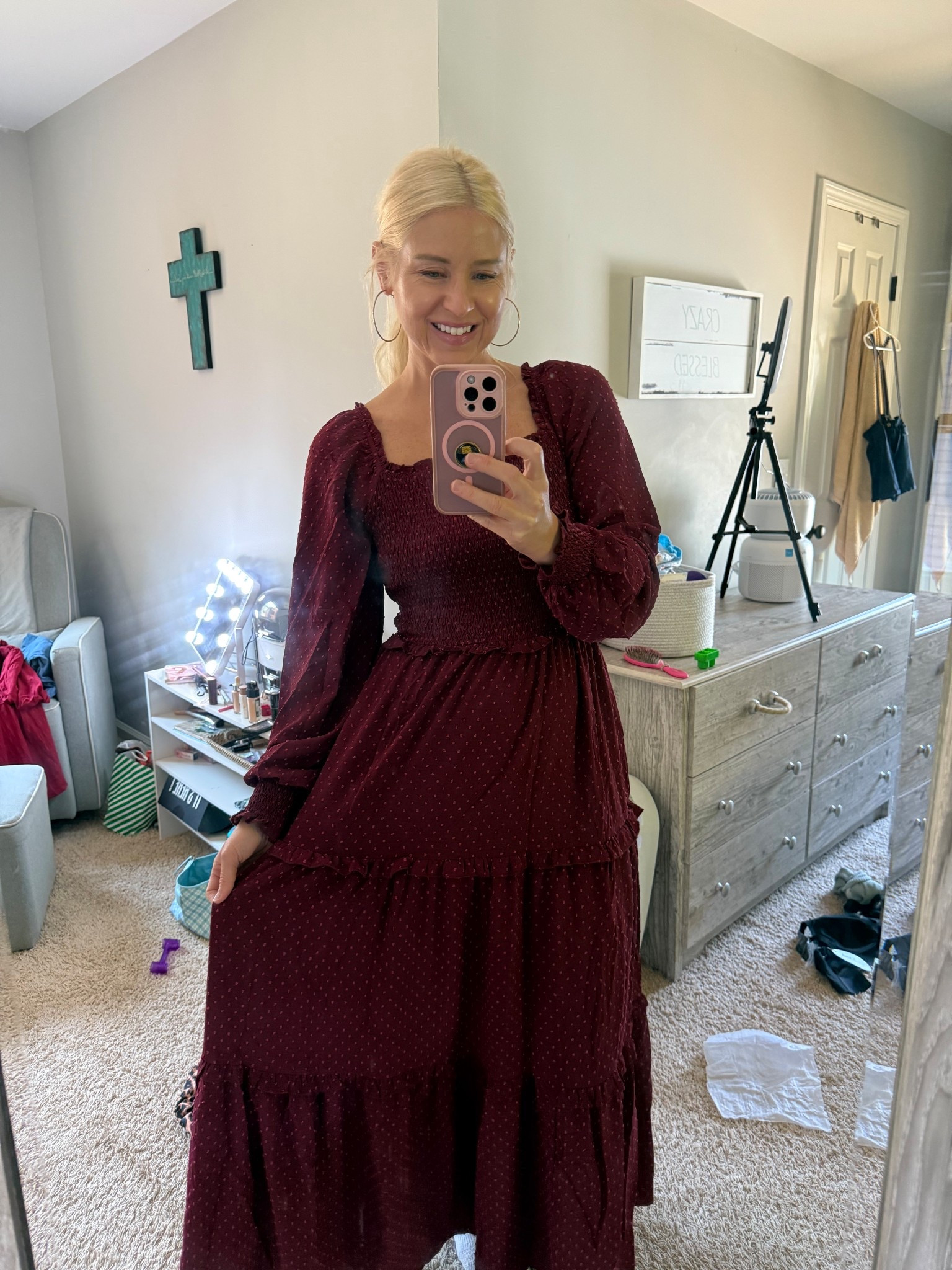 Gorgeous burgundy fall/winter dress. Perfect for wedding guest, date night, family photos, church or wherever! ❤️ Super comfortable and very complimentary. Nursing and bump friendly too! Feel so beautiful in this dress 🤩

#LTKSaleAlert #LTKSeasonal #LTKFallSale