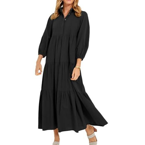 Lantern Long Sleeve Maxi Shirt Dress for Women Lapel Collar Tiered Smocked Swing Hem Button Pullo... | Amazon (US)