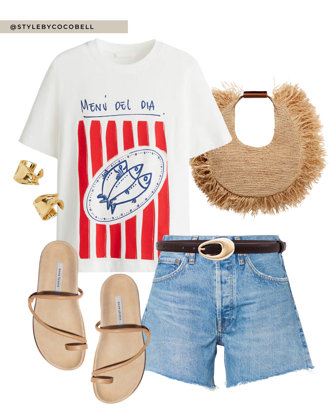 A playful printed tee styled with vintage-inspired denim shorts, neutral strappy sandals, and a statement raffia bag. The perfect summer uniform for market strolls or seaside lunches—easy, breezy, and fun. 

 #LTKsummer