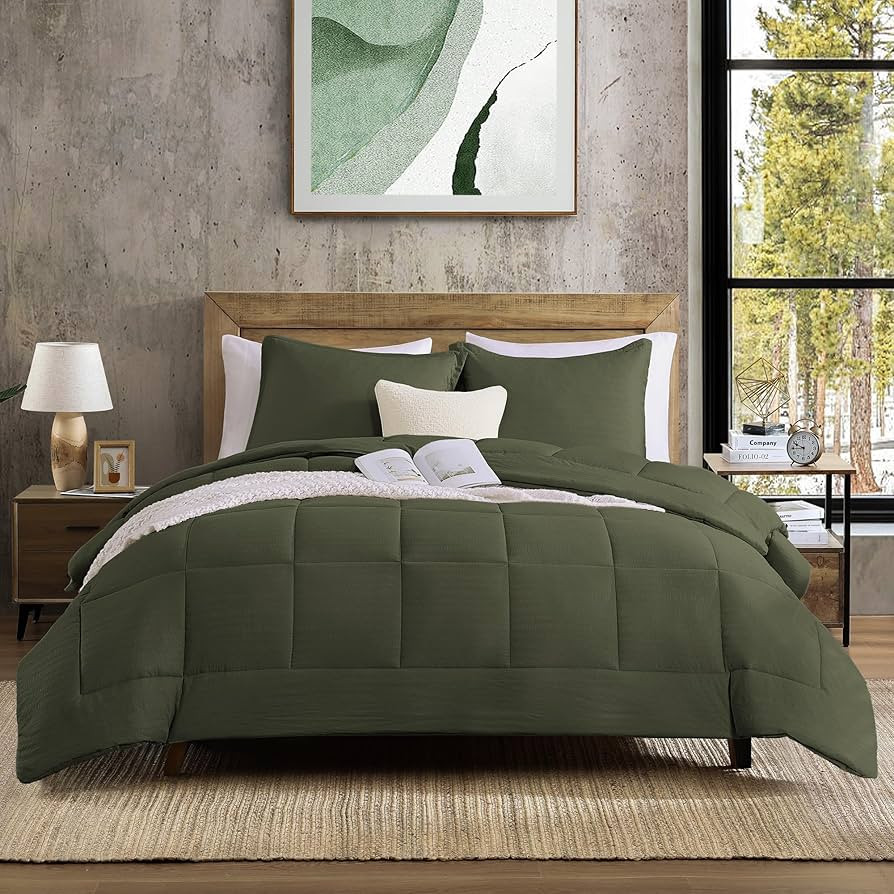 Monbix King Size Comforter Set - Comforter Set, Soft Bedding Sets for All Seasons - 3 Piece King Size Comforter - 1 Comforter and 2 Pillow Shams (Olive Green, King, 102"x90") | Amazon (US)
