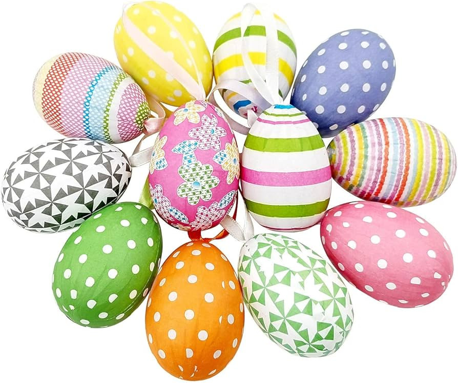 12pcs New Colorful Paper Mache Foam Egg Hanging Ornaments Easter Tree Christmas Decoration | Amazon (US)