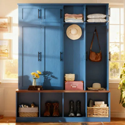 Farmhouse Hall Tree With 4 Hidden Hooks, Entryway Bench With 8-Door Storage & Open Shoe Compartments, 4-In-1 Mudroom Storage Cabinet | Wayfair North America