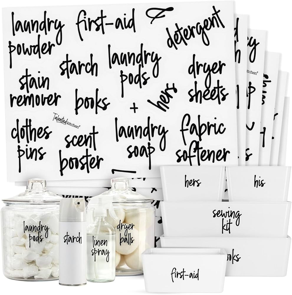 Talented Kitchen 141 Laundry Labels for Jars, Containers - Preprinted Black Script Stickers for L... | Amazon (US)