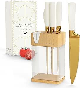 Stainless Steel White and Gold Knife Set with Block - 7 Piece Gold Kitchen Knife Set with Durable... | Amazon (US)