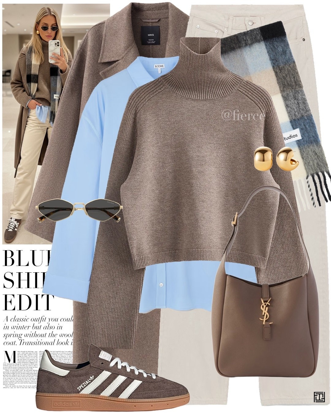 Taupe beige wool coat blue shirt taupe turtleneck jumper cream ecru jeans taupe beige suede Adidas Handball Spezial sneakers acne studios scarf casual chic  weekend outfit 

#LTKwinter #LTKuk #LTKeurope