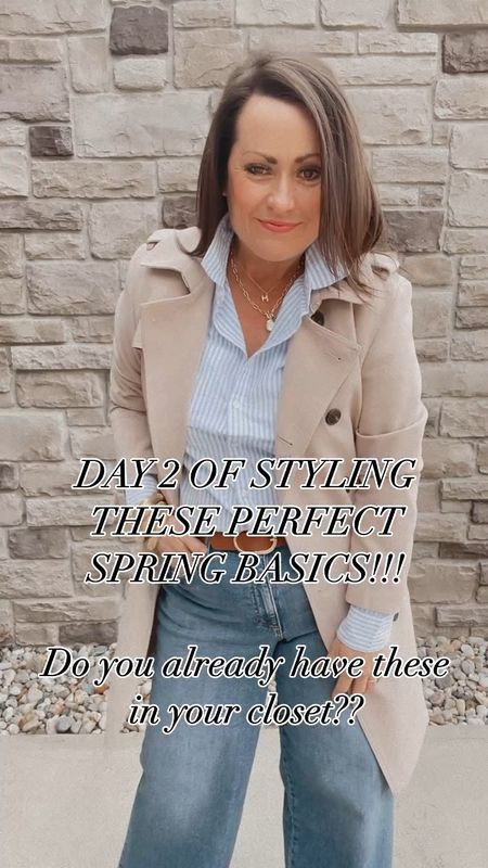 Day 2 of styling this perfect spring basics!!!  Trench coat / Denim Trousers / Pinstripe Button Down 

#LTKVideo #LTKstyletip #LTKover40