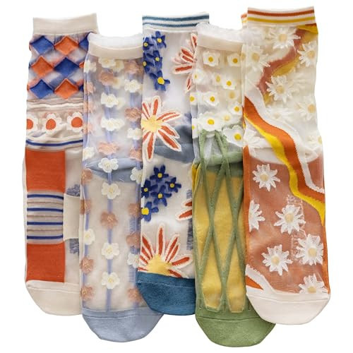 YFUNNLE Womens Sheer Socks 5 Pairs Floral Cute Nylon See Through Mesh Transparent Socks for Women Girls Size 6-9 (6) | Amazon (US)