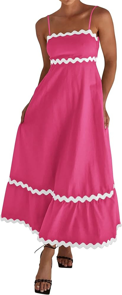 KIRUNDO Womens Summer Dresses Boho Sleeveless Spaghetti Strap Smocked Rickrack Trim Flowy Beach V... | Amazon (US)