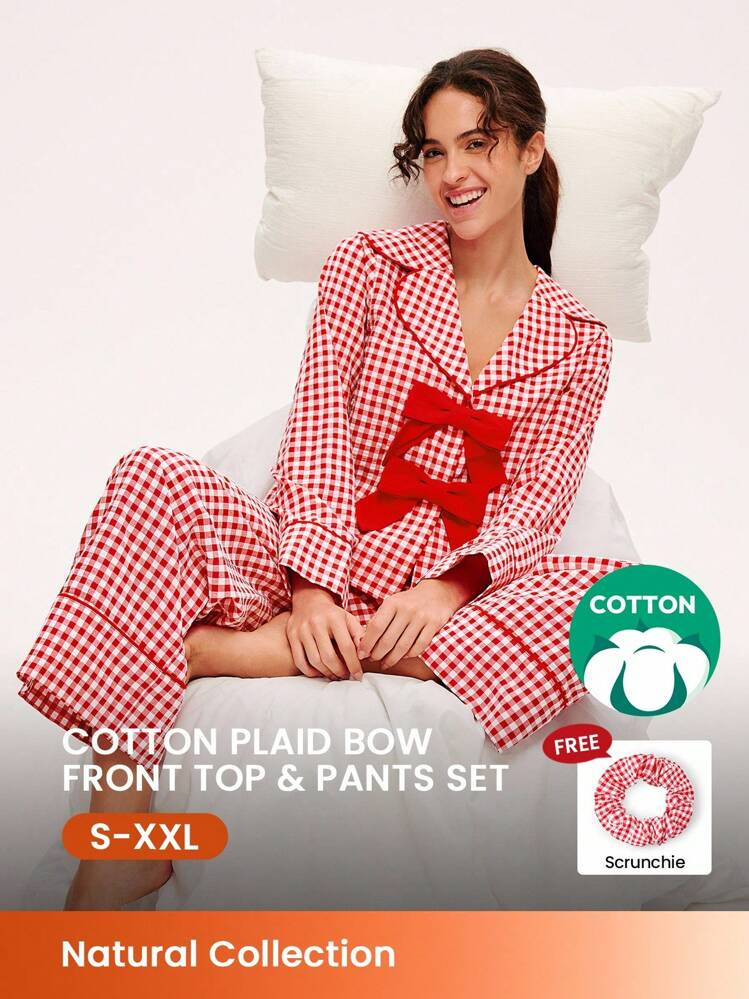 LUVLETTE Summer Women Red Bow Check Cozy At Home Plaid Patterned Cotton Long Sleeve & Pants Set Cute Pajama As Outerwear Cozy At Home Checks And Balances Also Suitable For Teen Girl & Young & Kid, Matching Sets Cottagealumber | SHEIN