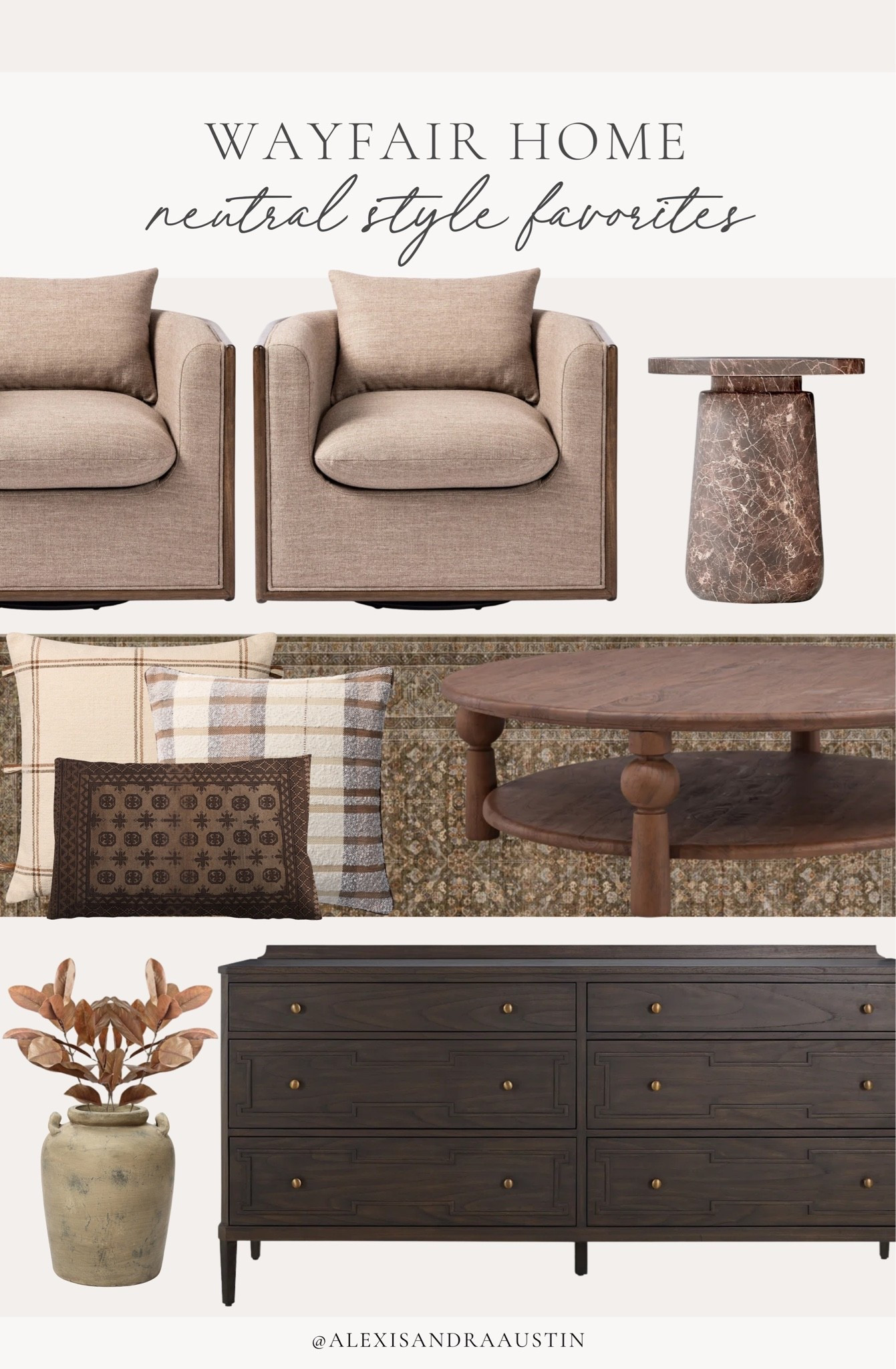 #AD Elevating your living room has never been easier with all of my quality @Wayfair finds! From timeless pieces that will last for years to come, to cozy seasonal details for a cohesive look, create a space that you and your guests will never want to leave. 

#Wayfair #WayfairPartner

Home finds, neutral home inspo, furniture favorites, fall refresh, hosting details, accent chair, marble accent table, cozy throw pillow, moody accent rug, vintage style area rug, coffee table details, faux fall stems, vase finds, dresser details, dark and moody, collected style, Wayfair, shop the look!