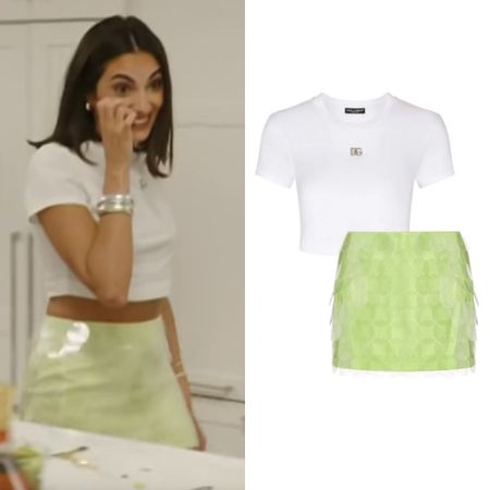Paige DeSorbo’s White Logo Crop Top and Green Sequin Mini Skirt