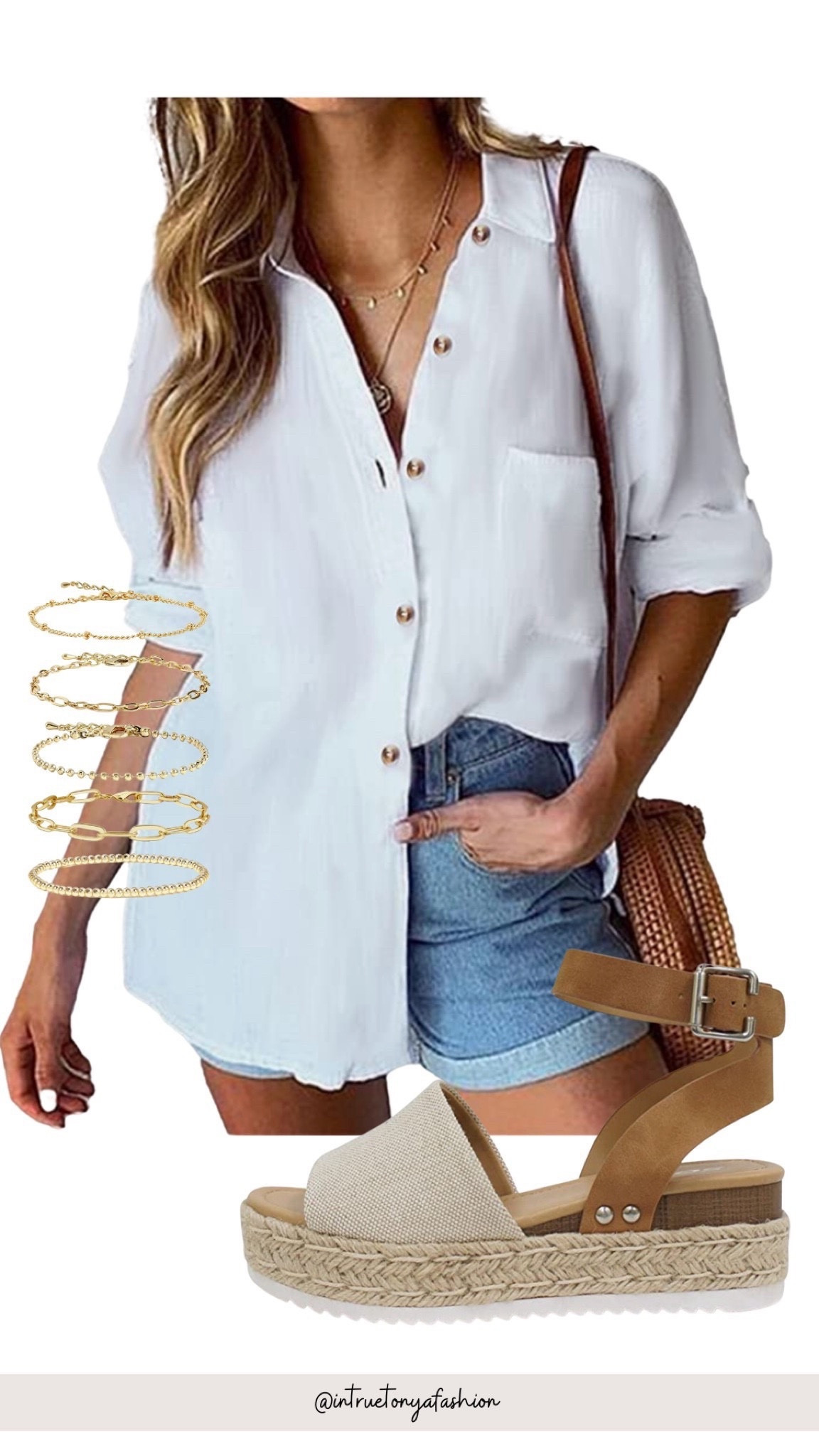 Amazon spring fashion : white button down shirt with gold stacked bracelets and platform sandals 

#LTKFindsUnder50 #LTKStyleTip #LTKShoeCrush