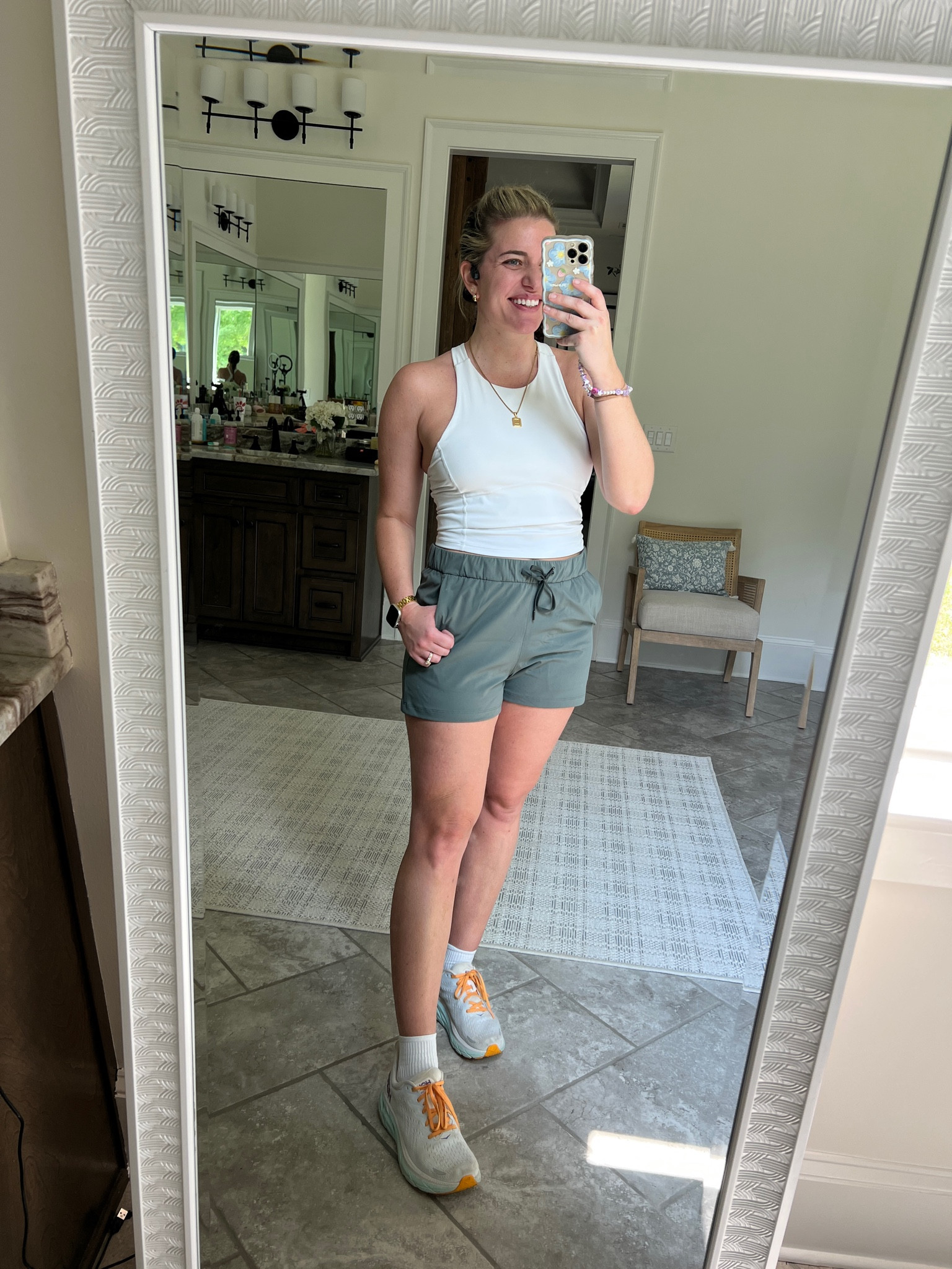 Workout OOTD! 
One of my fav workout tanks ever. Buttery soft & good support. So flattering! Sized up 1 to the L for the perfect fit. 
Workout shorts are sooo comfy! Fabric is v lightweight & stretchy. No liner! 👏🏼 waistband is v stretchy too. I sized up 1 to the L for a comfy fit. 🫶🏼
Fave crew socks - so breathable & comfy
Hokas TTS & so comfy


#LTKunder50 #LTKFind #LTKfit