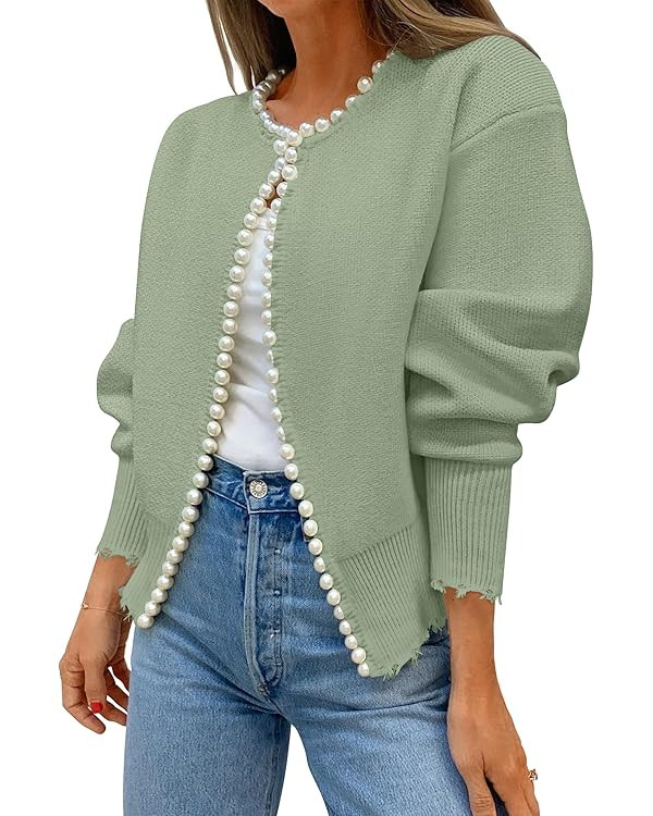 ZESICA Women's Open Front Cardigan Sweater Casual Knitted Long Sleeve Pearls Trim Outerwear Coat ... | Amazon (US)