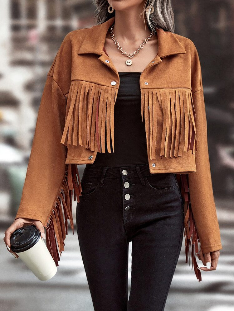 Drop Shoulder Fringe Trim Crop Jacket | SHEIN