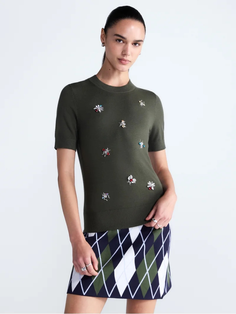 Free Assembly Women's and Women's Plus Embellished Cozy Yarn Sweater with Short Sleeves, Sizes XS... | Walmart (US)