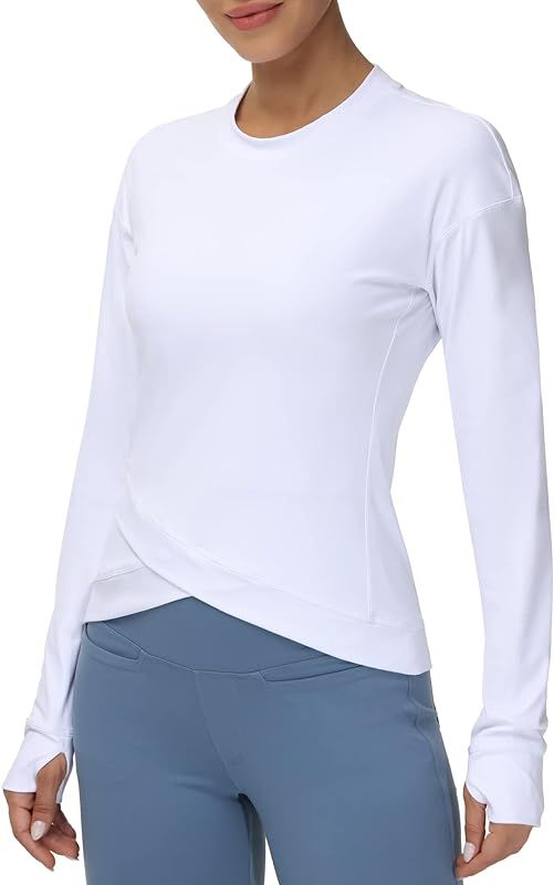 Women's Long Sleeve Shirts Workout Tops Cross Hem Athletic Running Yoga T-Shirts with Thumb Hole | Amazon (US)