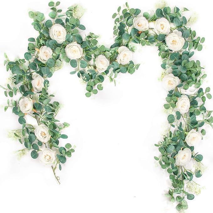 Der Rose 2 Pcs 13Ft Artificial Eucalyptus Flower Garland with Fake Rose Flower Vine Seeded Eucaly... | Amazon (US)
