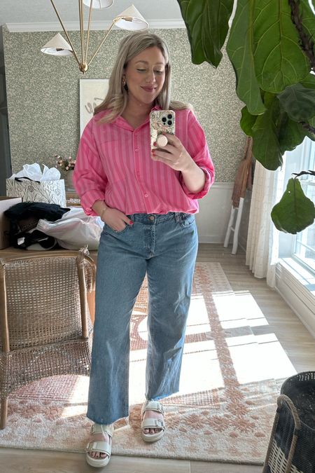 This hot pink button up from target 😍😍😍 I’m wearing a large! Also my favorite jeans!!!! So comfy. I cut the hem off! Run a little big! 


#thebloomingnest sandals 

#LTKmidsize #LTKSpringSale #LTKSeasonal