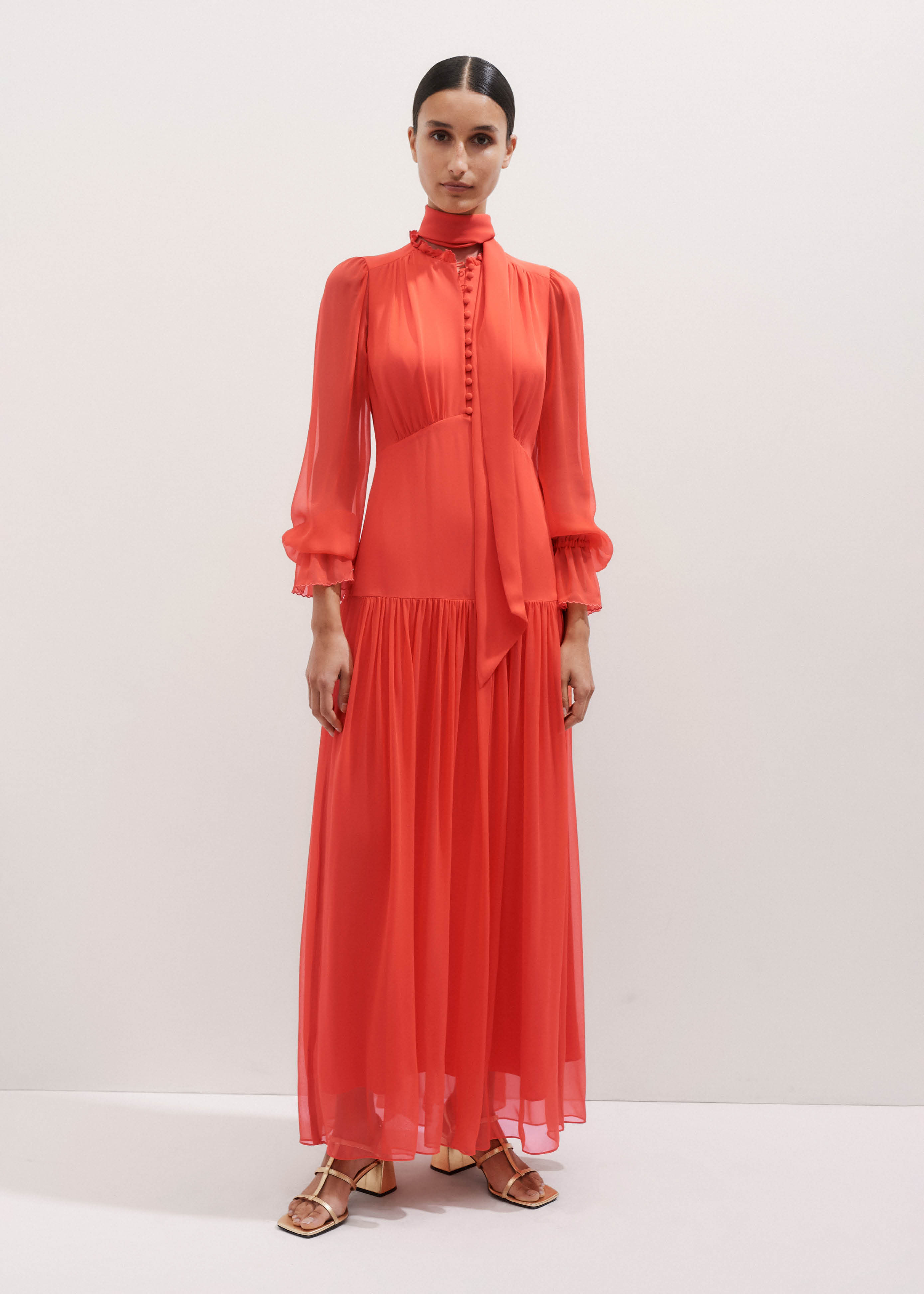 Women's Orange Silk Full-Length Dress + Tie | ME+EM | ME+EM Global (Excluding US)