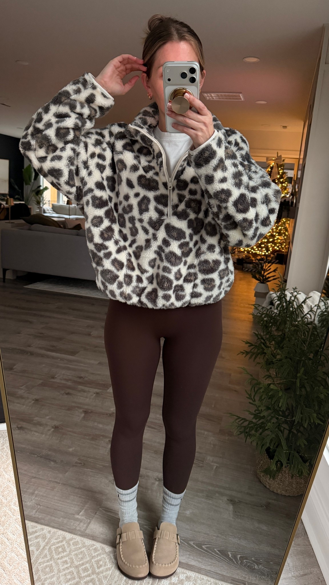 Happy Sunday! Living for cozy outfits right now. Wearing a small in the plush leopard print zip up crop sweater from aerie, small in the no front seam brown leggings and loving these cute loafer slides from Amazon that look just like Birkenstocks (size up) 

#LTKHoliday #LTKGiftGuide 

#LTKfitnessgoals