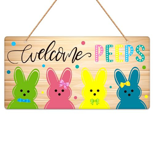 JUESMOS Easter Door Decorations Welcome Peeps Door Signs Bunny Decor Signs Spring Easter Door Hanger Sign Plaque for Wall Home Window Farmhouse Indoor Outdoor Spring Decorations | Amazon (US)