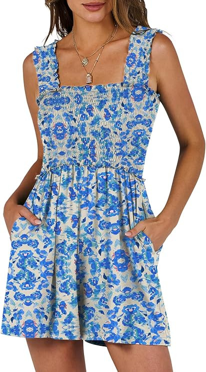Caracilia Women's Summer Casual Smocked Rompers Square Neck Sleeveless Loose Shorts Jumpsuit 2025... | Amazon (US)