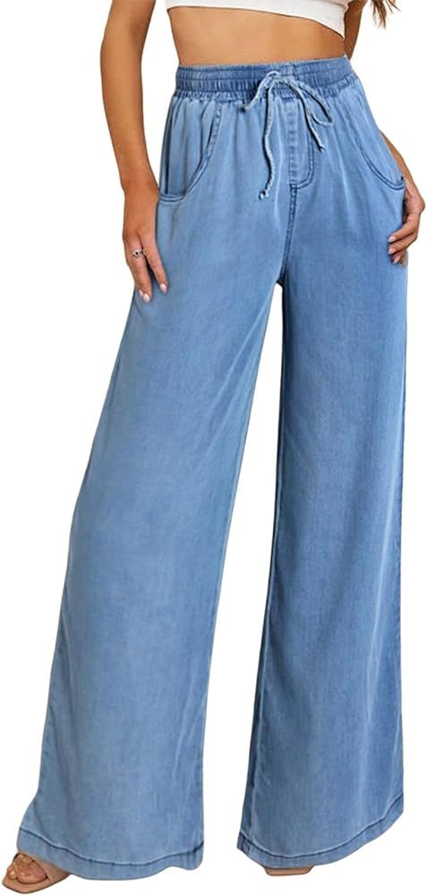 Sidefeel Women's High Waisted Wide Leg Jeans 2024 Summer Drawstring Denim Pants Light Blue Size 4... | Amazon (US)