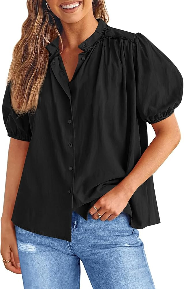 Tankaneo Womens Puff Sleeve Button Down Shirts Cotton Pleated Loose Fit Tops Summer Dressy Casual... | Amazon (US)