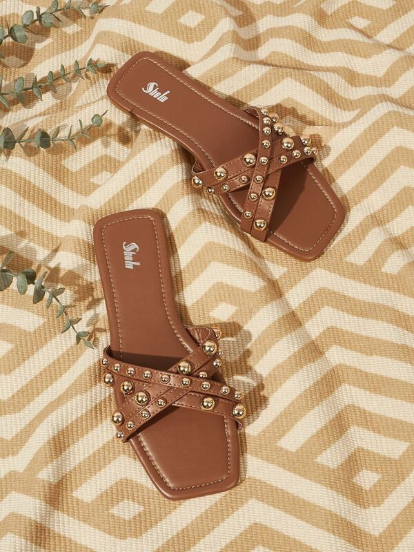 Studded Decor Criss Cross Slide Sandals SKU: sx2210171206413202(54 Reviews)$13.10$12.45Join for a... | SHEIN