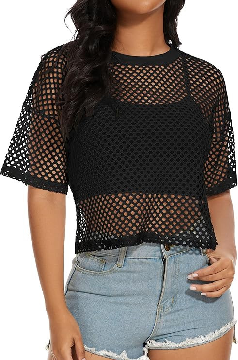 Women's Mesh Fishnet Top See Through Cover Up Short Sleeves T Shirts Sheer Blouse | Amazon (US)